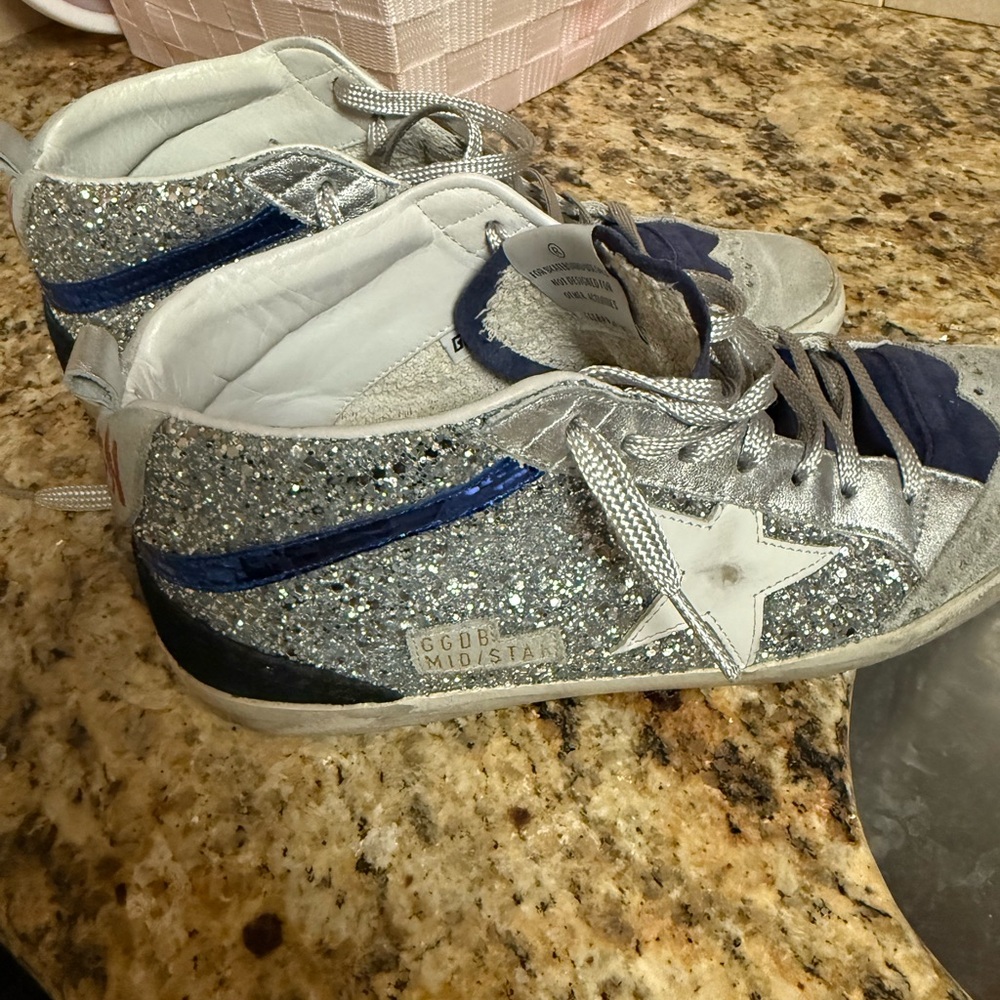 Golden Goose Silver Glitter and Blue Sneakers